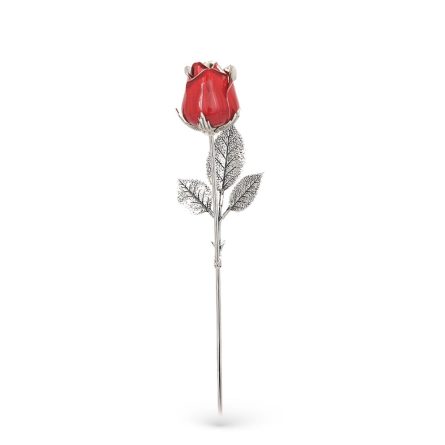 Red rose ornament in sterling silver and enamel 25cm