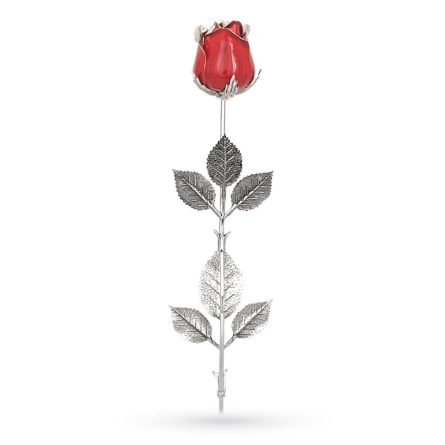 Red rose ornament in sterling silver and enamel 47cm