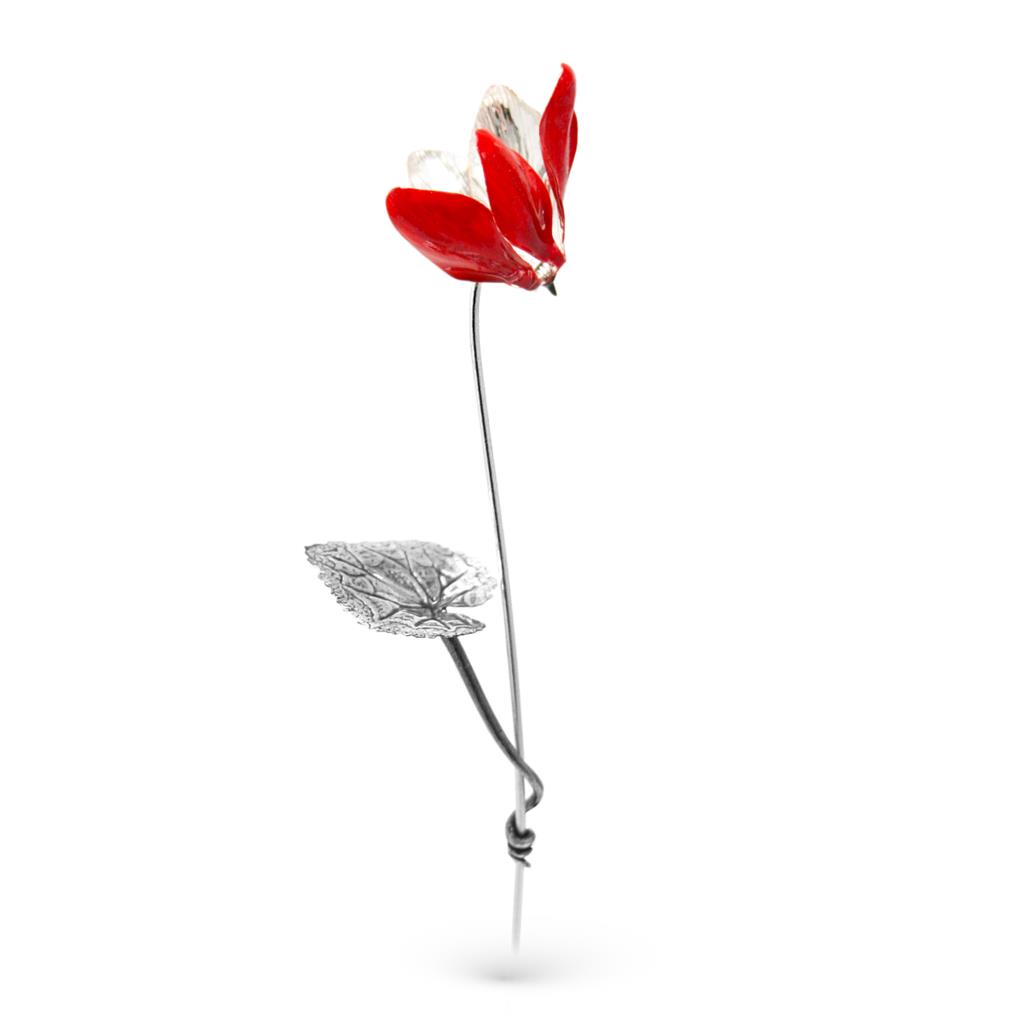 Red cyclamen ornament in sterling silver and enamel 41,5cm
