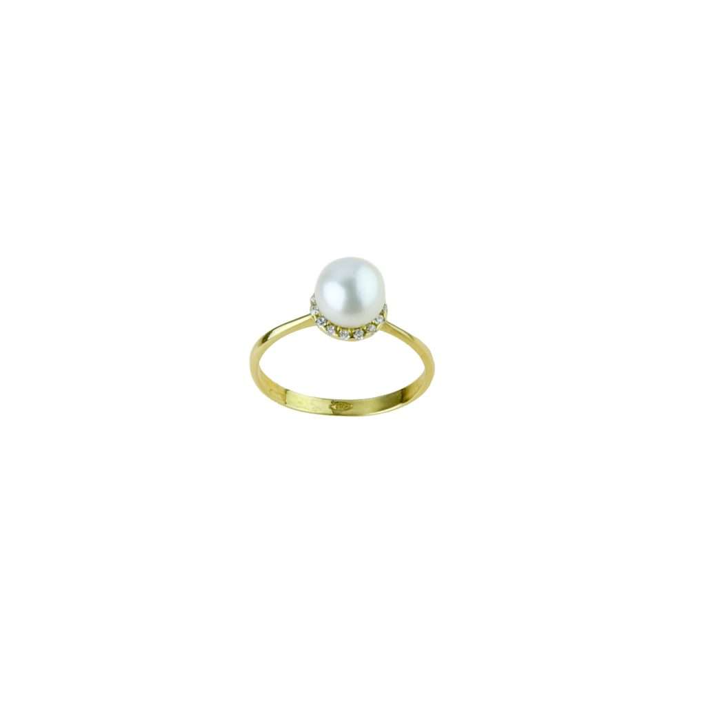 Ring with 7 mm pearl and yellow gold zircons