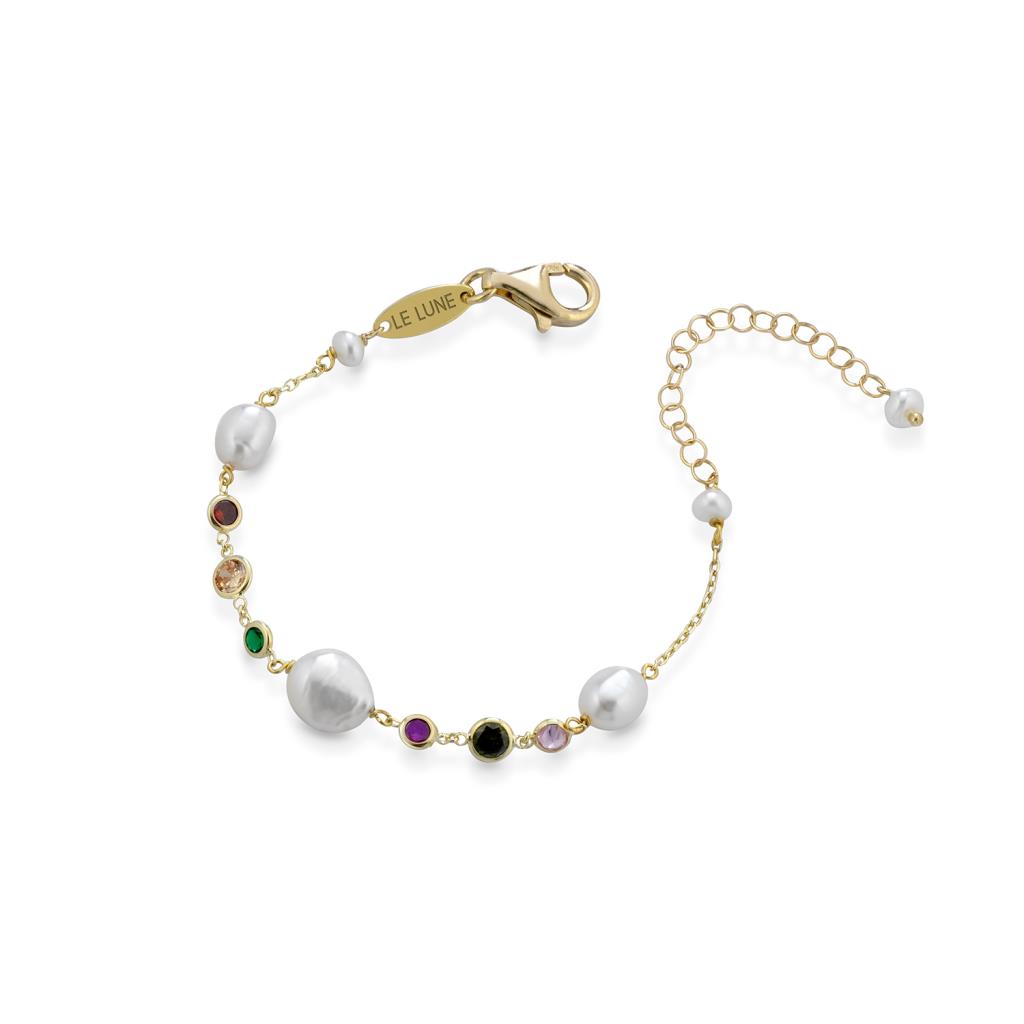 Bracelet gold plated silver white pearls multicolor zircons