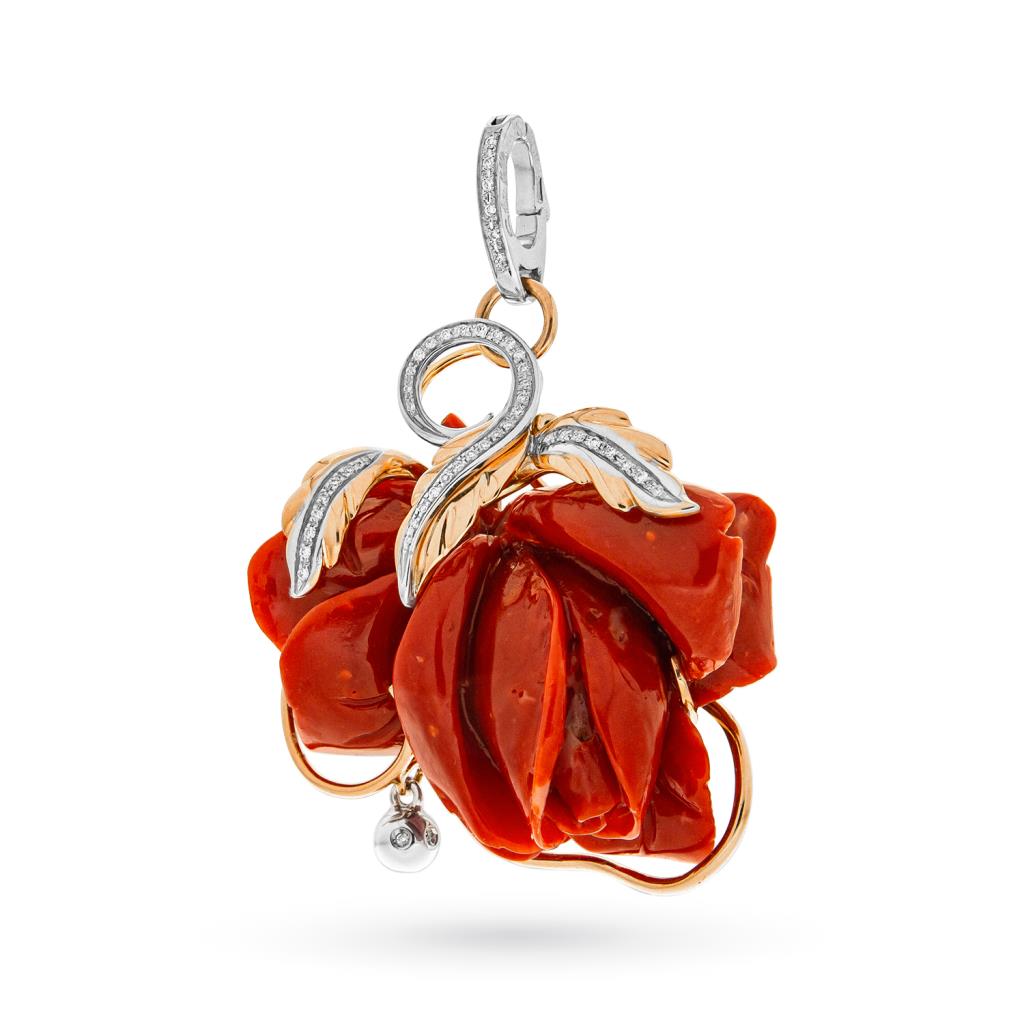 Ciondolo oro 18kt rosa corallo rosso diamanti 0,26ct