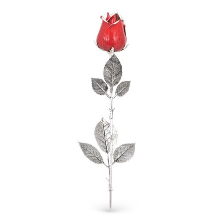 Red rose ornament in sterling silver and enamel 48cm
