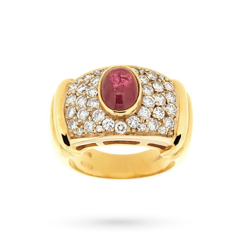 Anello Torrini oro giallo rubino cabochon 2,10ct diamanti 1,16ct