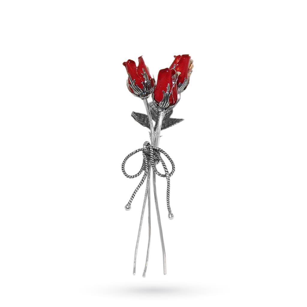 Bouquet of red roses ornament in sterling silver and enamel 9cm