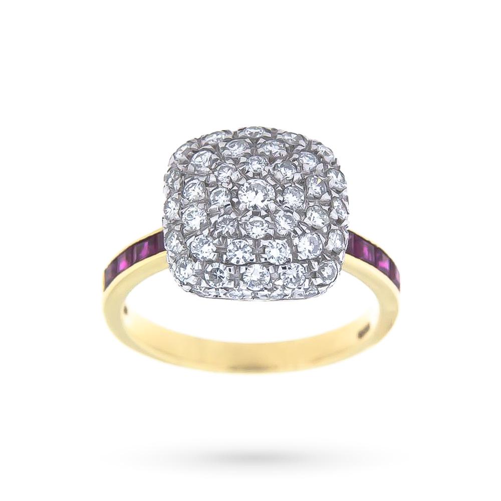 Anello oro giallo pavè diamanti 1,11ct gambo rubini 0,70ct