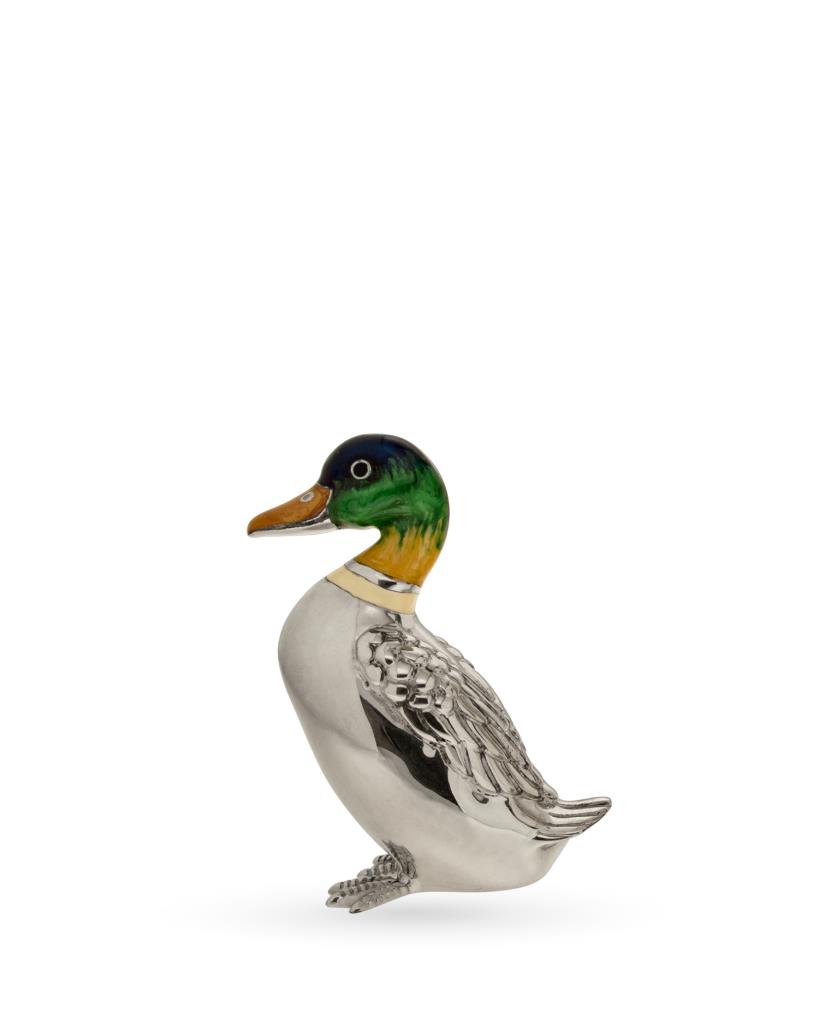 Upright duck ornament in silver and enamel