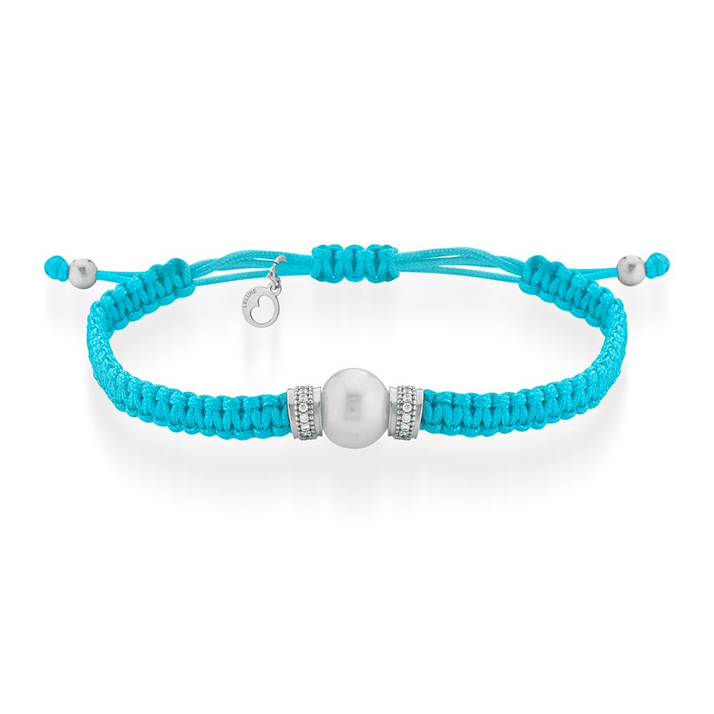 Bracelet silver pearl fresh water crystals turquoise cord