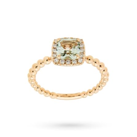 Anillo de oro rosa con amatista verde 0,77ct y diamantes 0,16ct