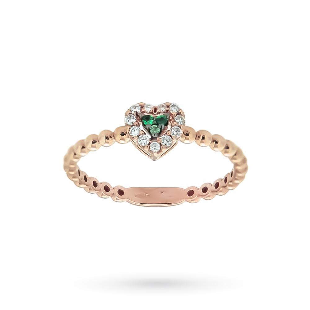 Anillo corazón de oro rosa con esmeraldas 0.03ct diamantes 0.09ct