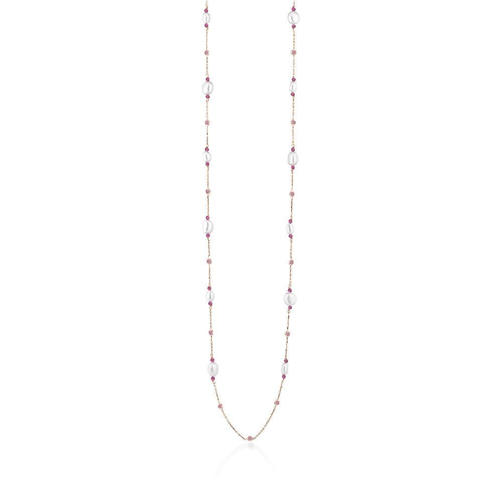 Collana argento con perle bianche e gemme rosa