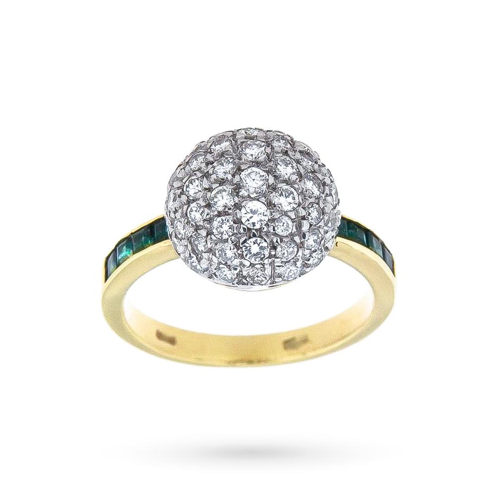 Anello oro giallo pavè diamanti 1,11ct gambo smeraldi 0,60ct