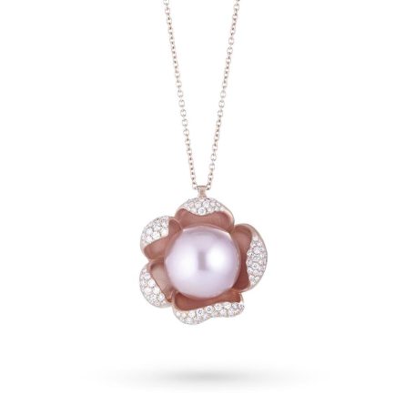 Girocollo fiore perla rosa oro petali diamanti 0,50ct