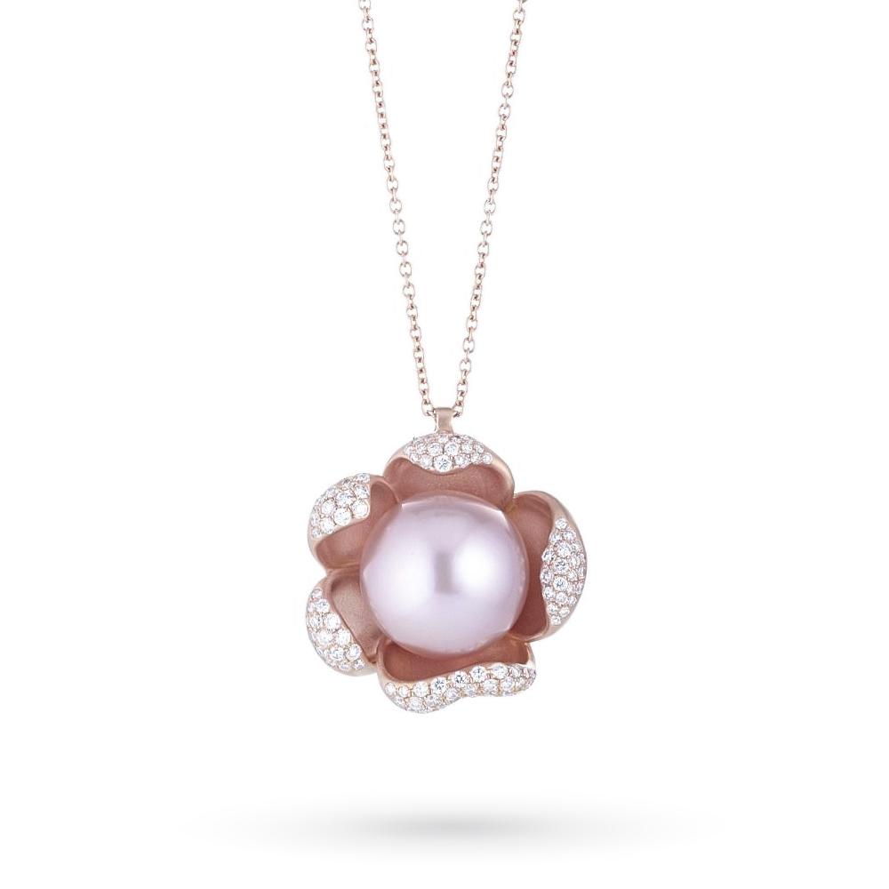 Girocollo fiore perla rosa oro petali diamanti 0,50ct