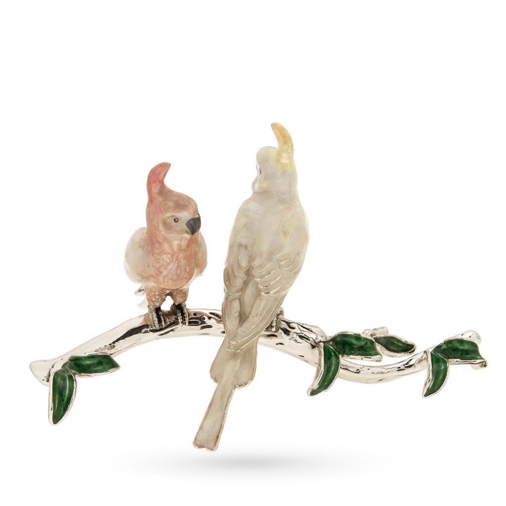 Pair of parrots ornaments in enameled silver