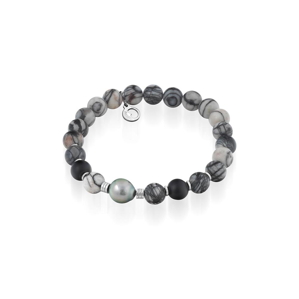 Bracelet silver lack lace black agate Tahitian pearl carabiner