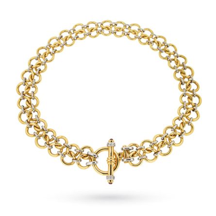 Collier oro giallo e bianco 18kt a doppia fila con cerchi intrecciati 40 cm