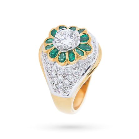 Anillo de oro blanco amarillo con flor, esmeraldas, 0,75 diamantes, 1,32 ct