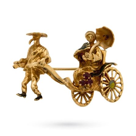 18kt yellow gold vintage brooch with enameled rickshaw