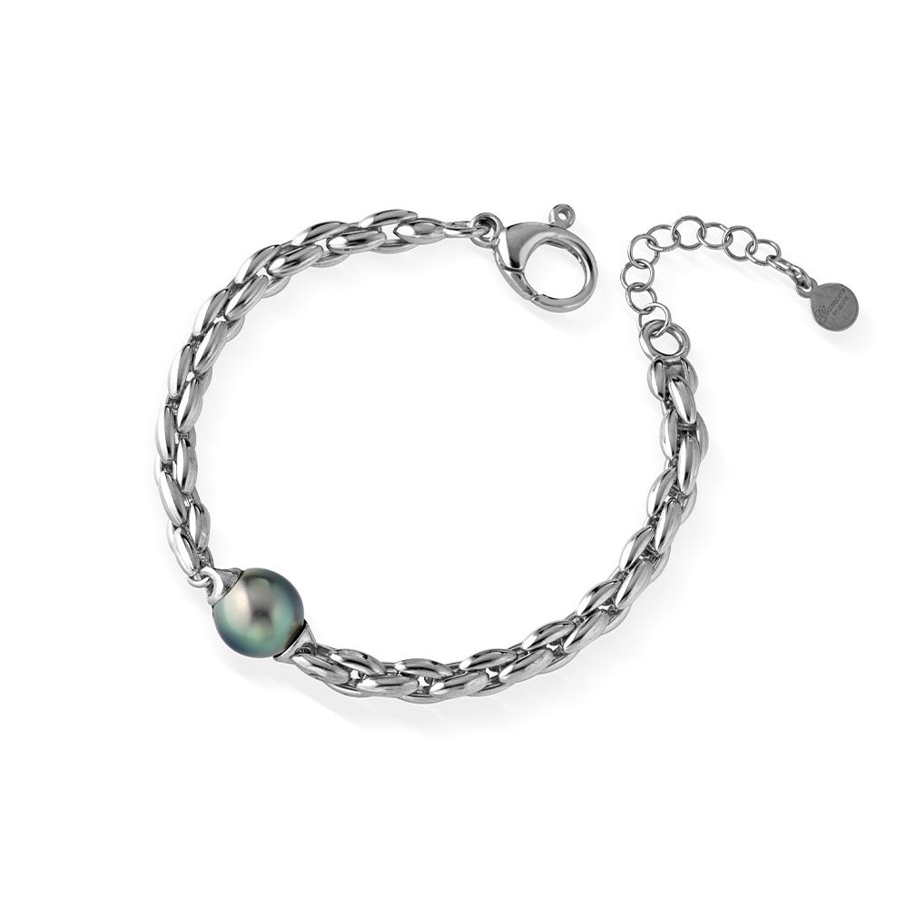 Bracelet burnished white silver Tahitian pearl 17cm