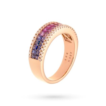 Anillo en oro rosa con zafiros arcoíris de 1,28 ct y diamantes de 0,23 ct