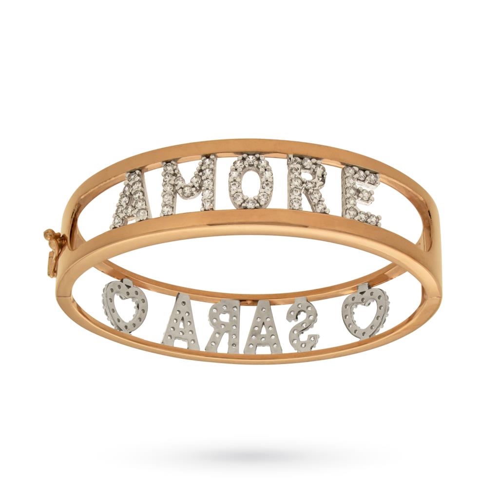 Pulsera rígida personalizable con 2 nombres en plata rosa con circonitas