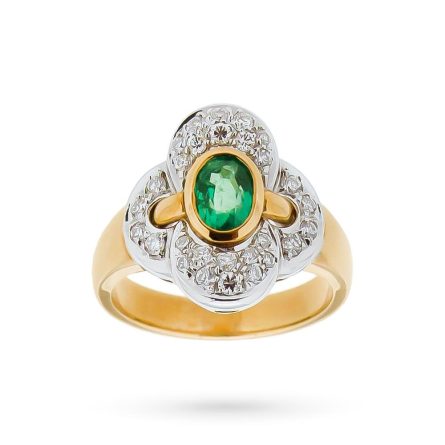 Anillo ovalado de oro amarillo con esmeralda de 0,61ct y diamantes de 0,49ct