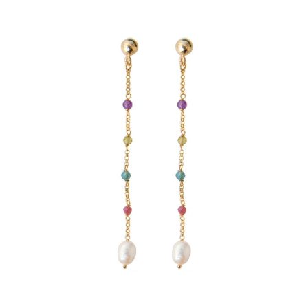 Pendientes colgantes de plata con perlas y gemas de colores.
