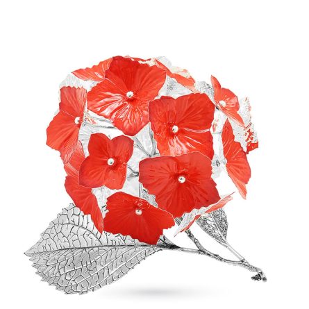 Red hydrangea ornament in sterling silver and enamel 17cm