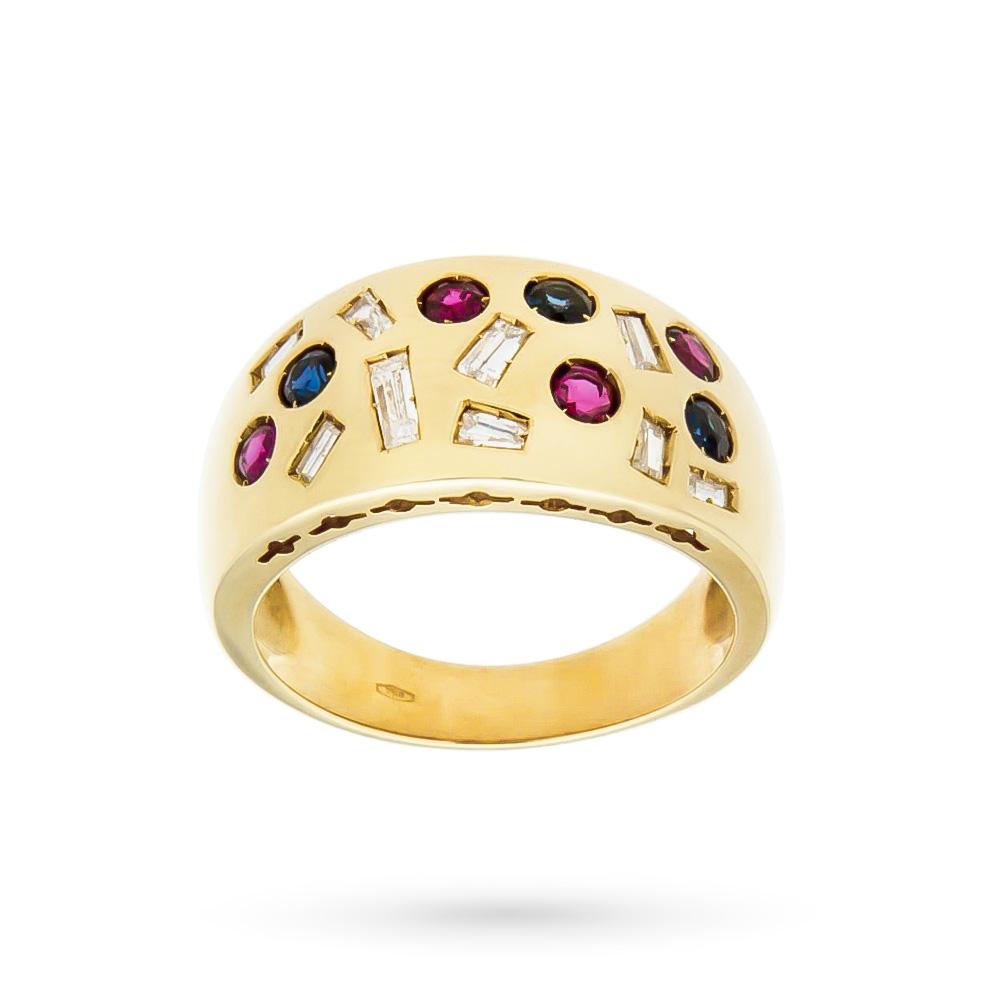 Anello Arlecchino oro diamanti 0,20ct rubini 0,20ct zaffiri 0,15ct