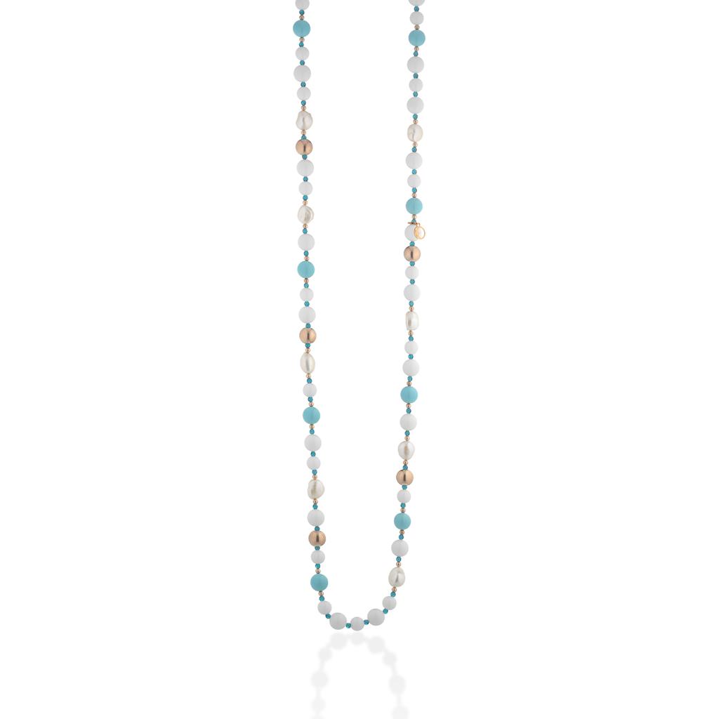 Long necklace agate turquoise pearls and pink silver 90cm