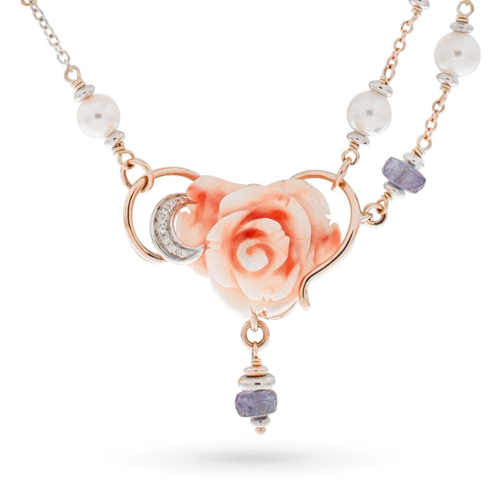 Gargantilla de oro coral rosa con diamantes 0,05ct