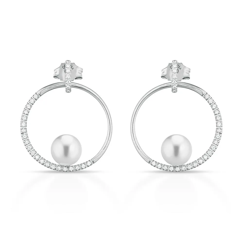 Pendientes circulares de oro con perlas de Ø 7,5 mm y diamantes