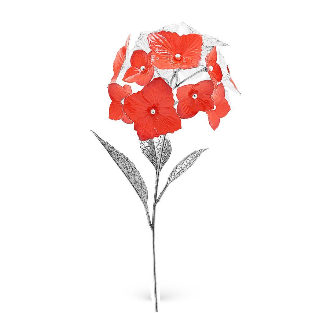 Red hydrangea ornament in sterling silver and enamel 48cm