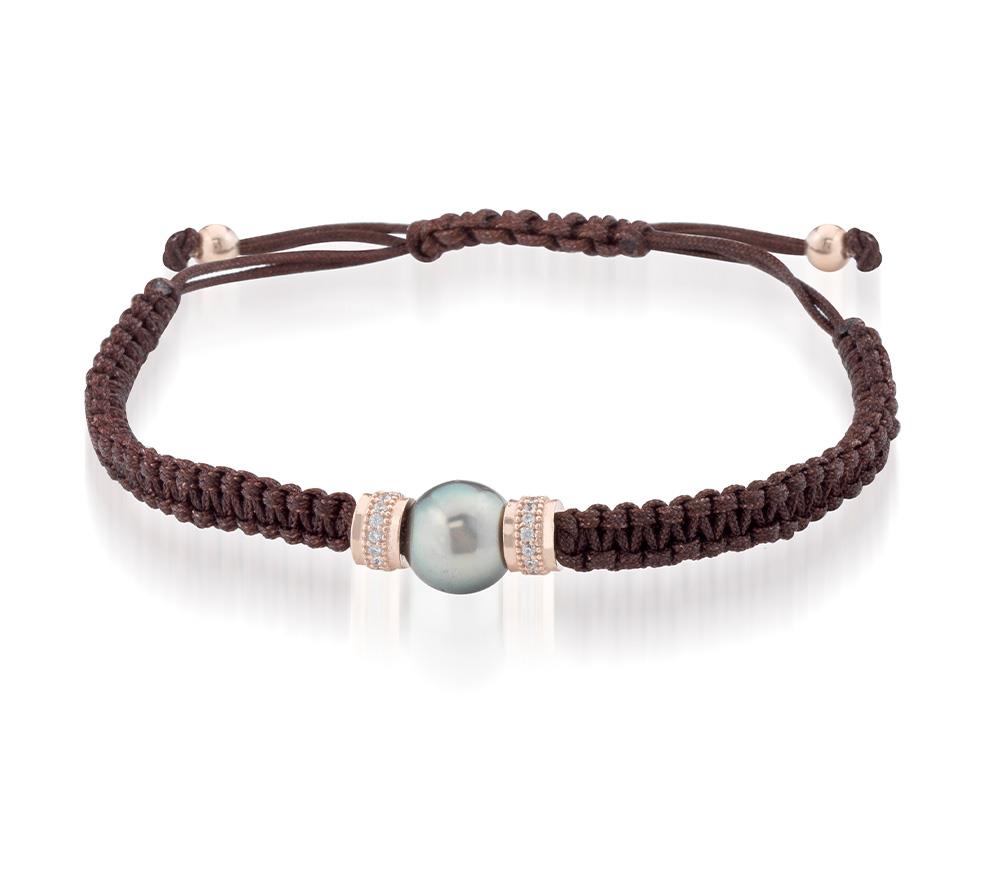 Pulsera cordón marrón canela, plata rosa, circonitas perlas de Tahití