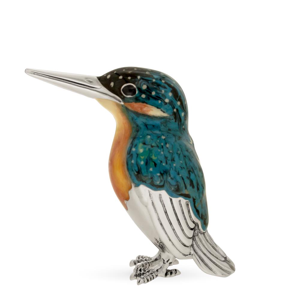 Kingfisher bird ornament in silver and enamel L size