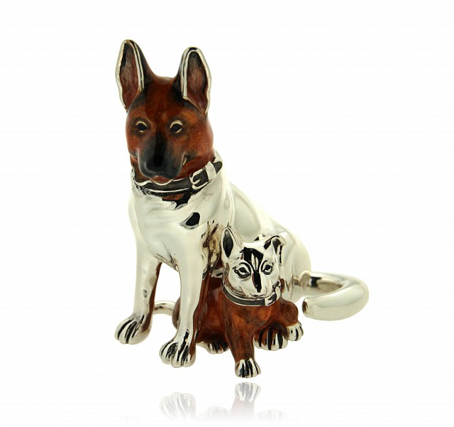 German Shepherd with enamel puppy silver ornament Saturnoo ST127