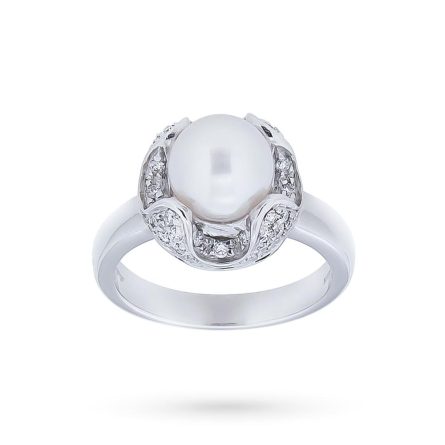 Anello Salvini oro bianco perla akoya 0,8mm diamanti 0,29ct