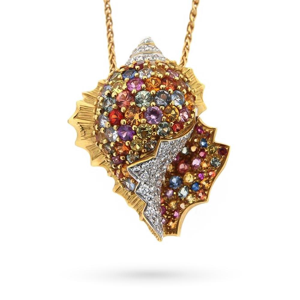 Girocollo conchiglia d'oro, zaffiri multicolor e diamanti