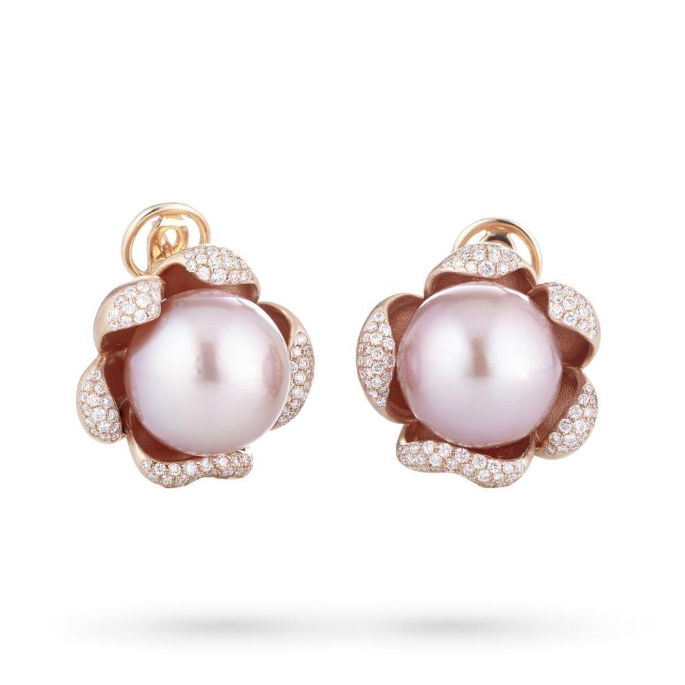 Orecchini fiori perle rosa oro petali diamanti 0,82ct