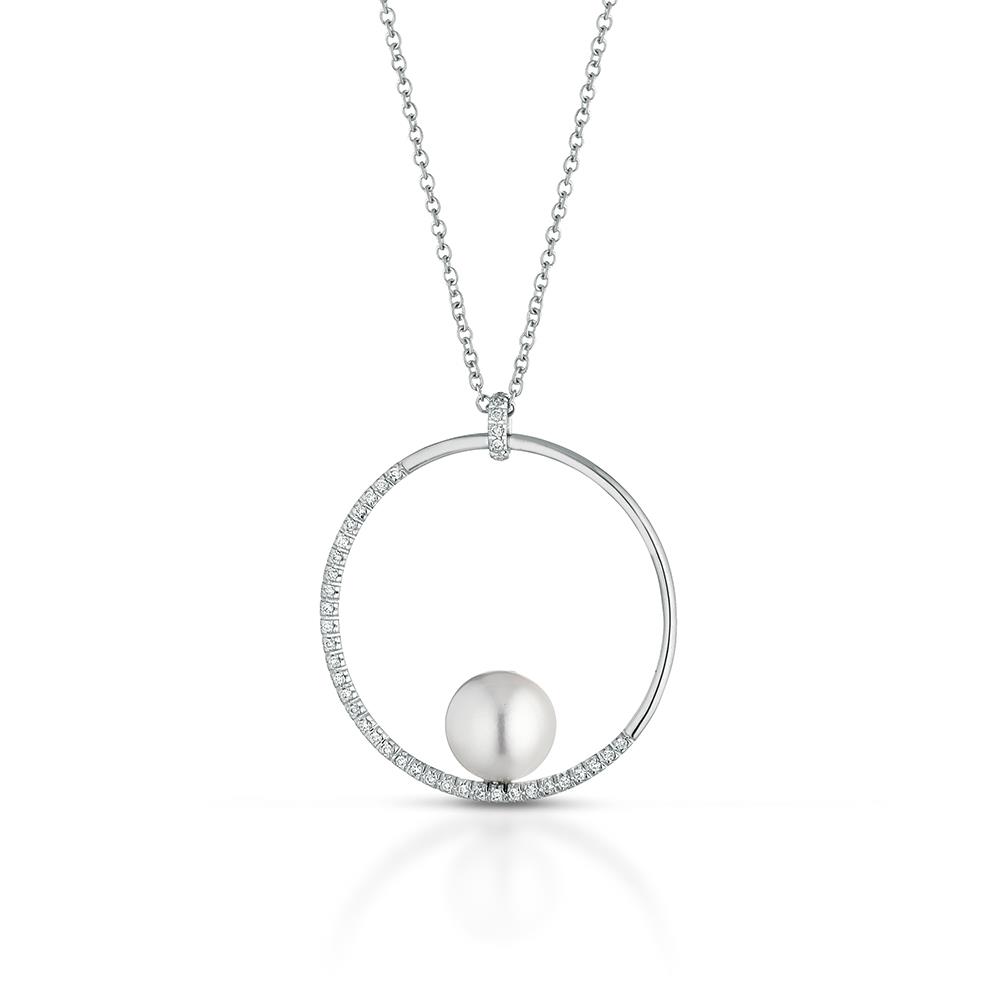 Collana ciondolo cerchio in oro con perla Ø 9mm e diamanti