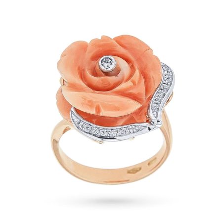 Gold ring with coral rose diamond leaves 0.10 ct