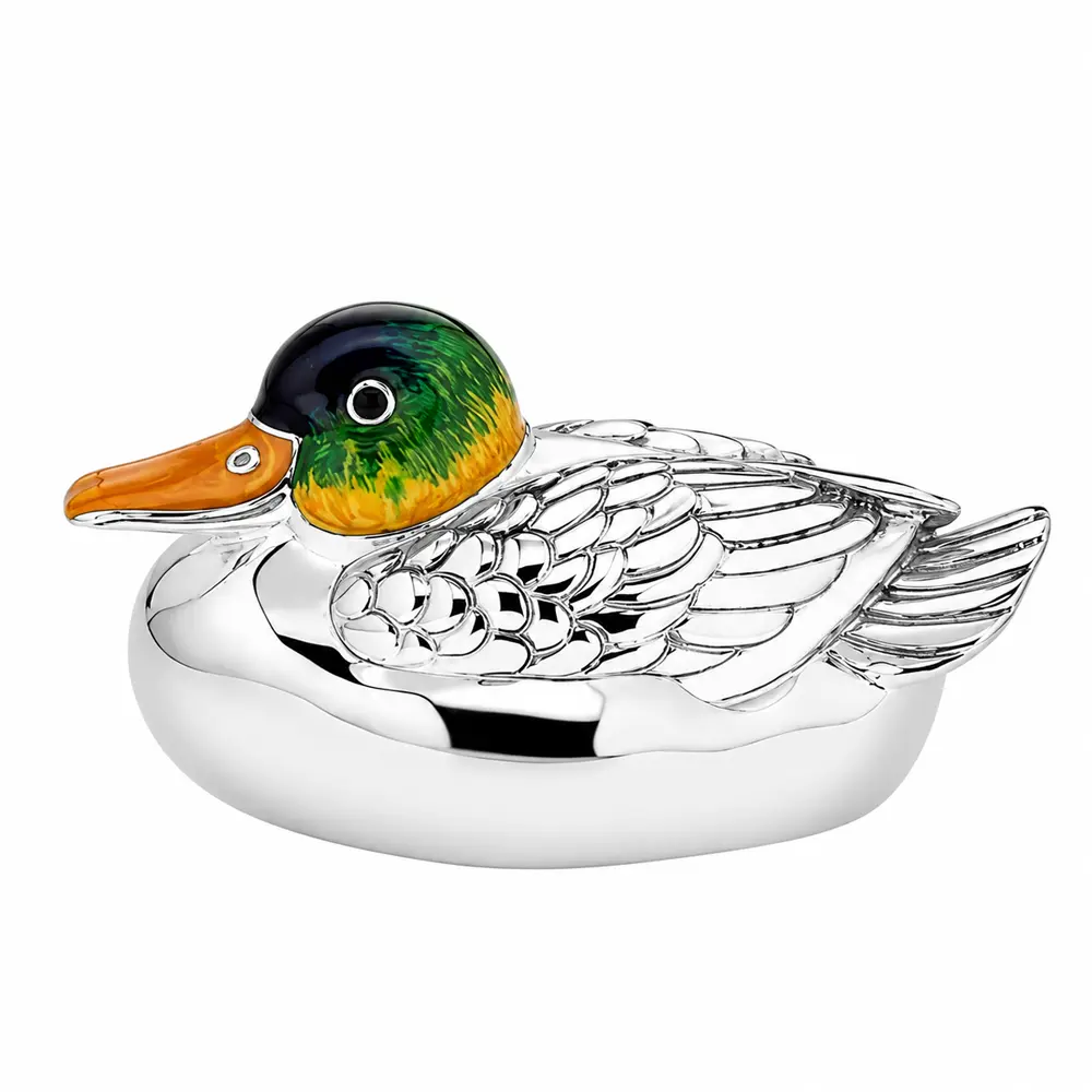 Medium squatting duck ornament in silver and enamel
