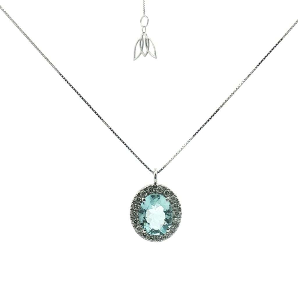 Aquamarine & Diamond Halo Pendant Choker Necklace – 45 cm