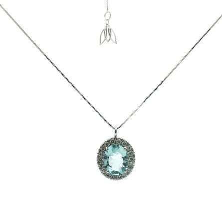 Aquamarine & Diamond Halo Pendant Choker Necklace – 45 cm