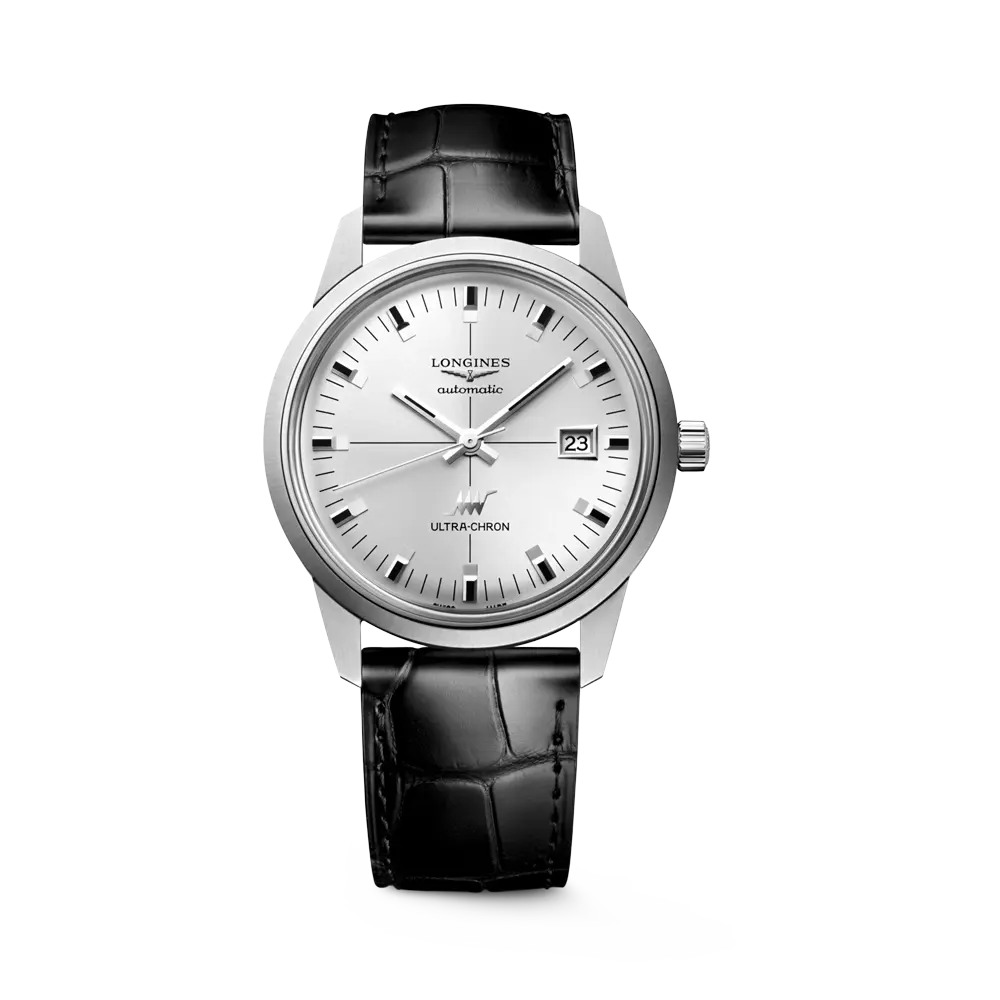 Orologio classico Longines ultrachron in acciaio con cinturino in pelle nera