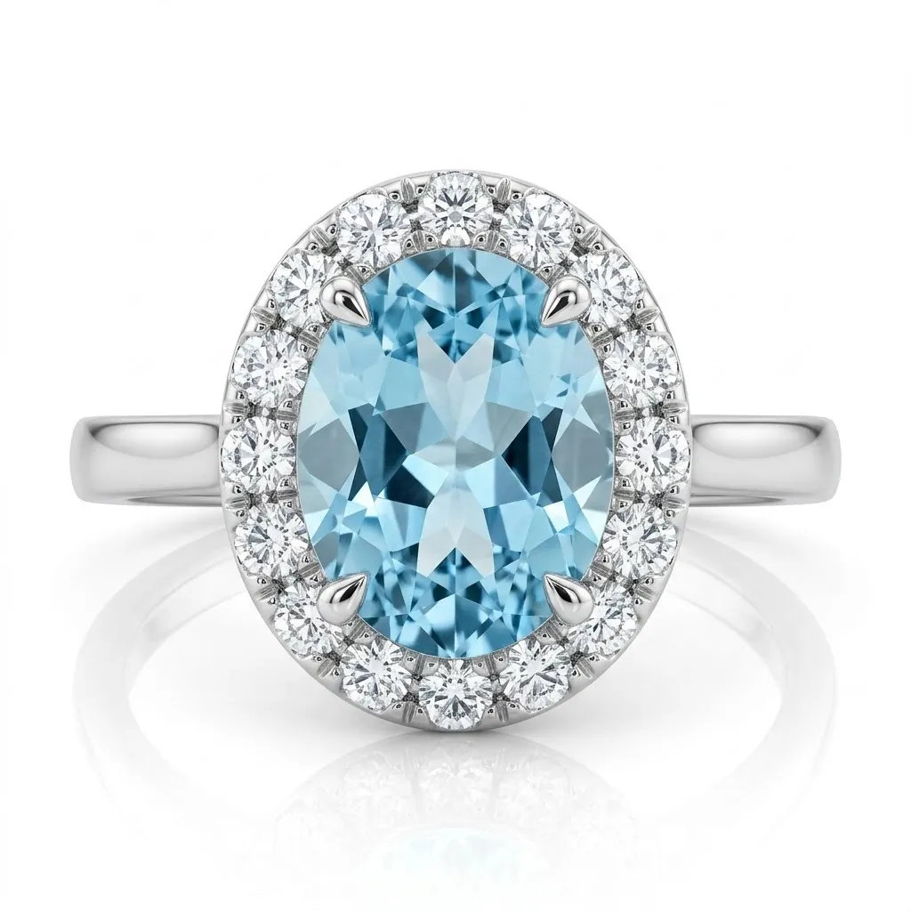 Anello in oro bianco con acquamarina ovale da 1.15 ct e contorno di diamanti da 0.145 ct. Eleganza senza tempo in 3.40 g, misura 13. Scopri la luce di un gioiello unico.