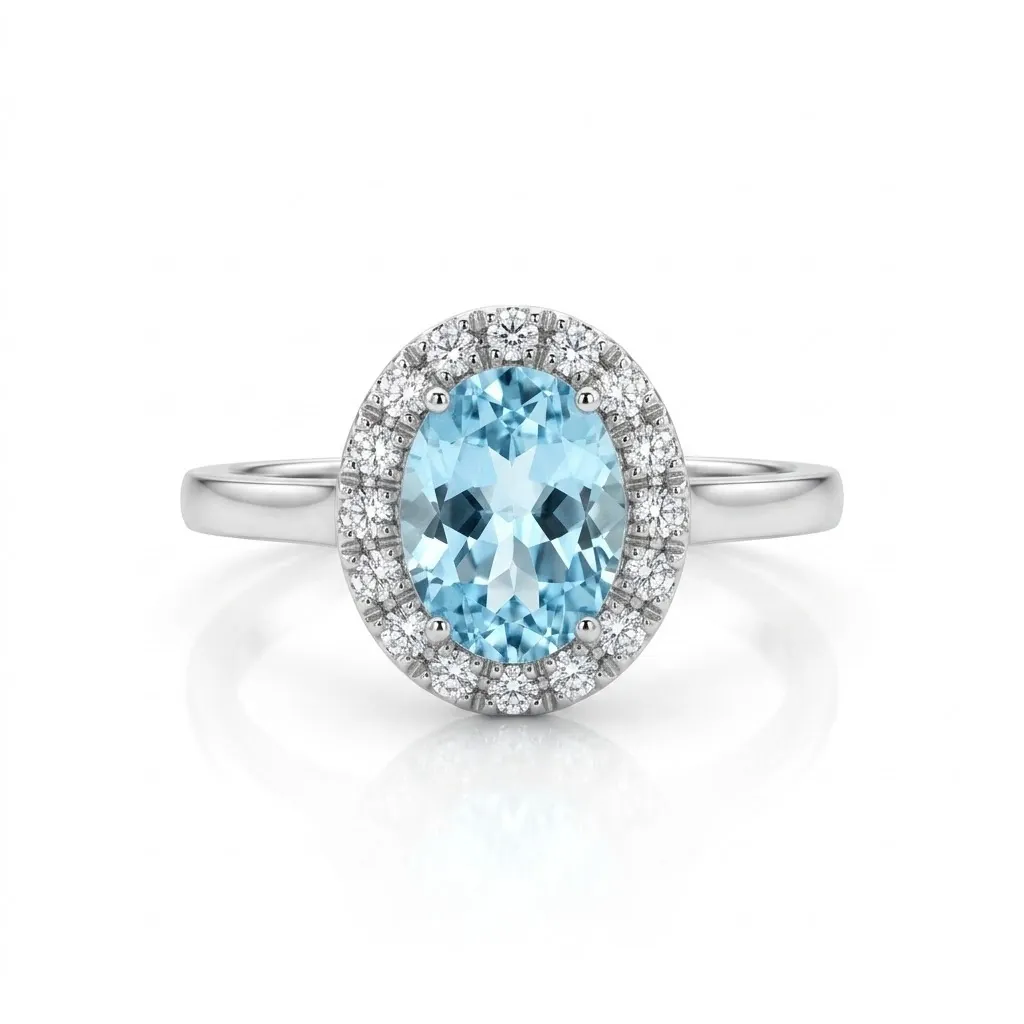 Anello in oro bianco con acquamarina ovale da 1,10 ct e contorno di diamanti da 0,145 ct. Eleganza e luce in 3,29 g, misura 13. Il regalo perfetto per ogni occasione speciale.