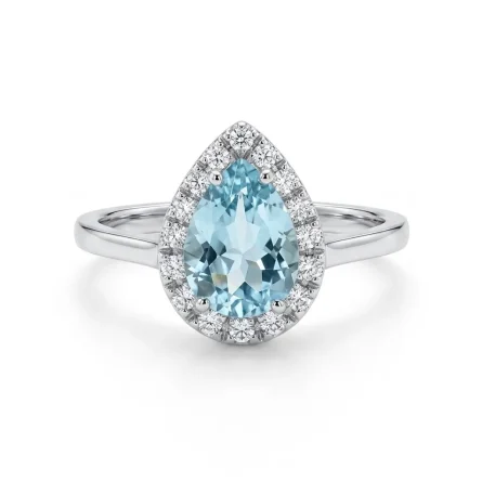 Anillo Halo en Oro Blanco con Aguamarina Talla Pera (0,69 ct) y Orla de Diamantes (0,14 ct)