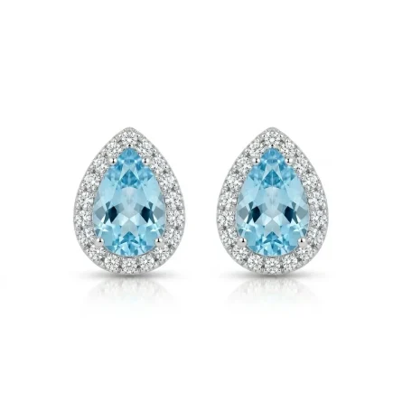 Orecchini a Lobo in Oro Bianco con Acquamarine a Goccia (1.29 ct) e Halo di Diamanti